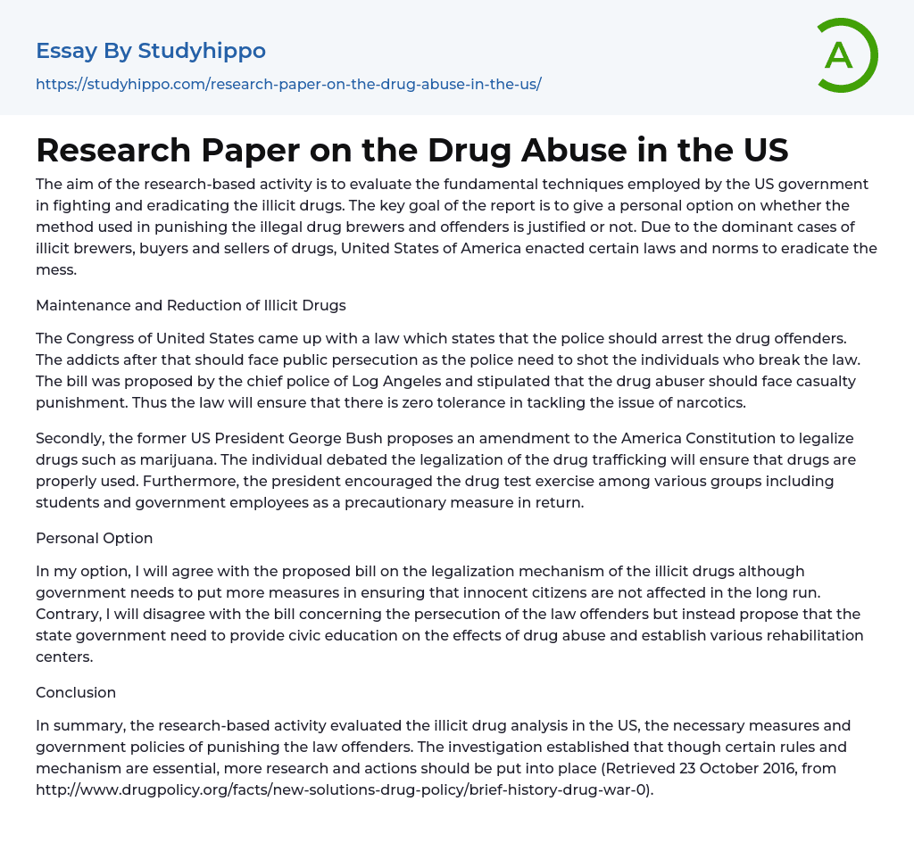 Research Paper on the Drug Abuse in the US Essay Example