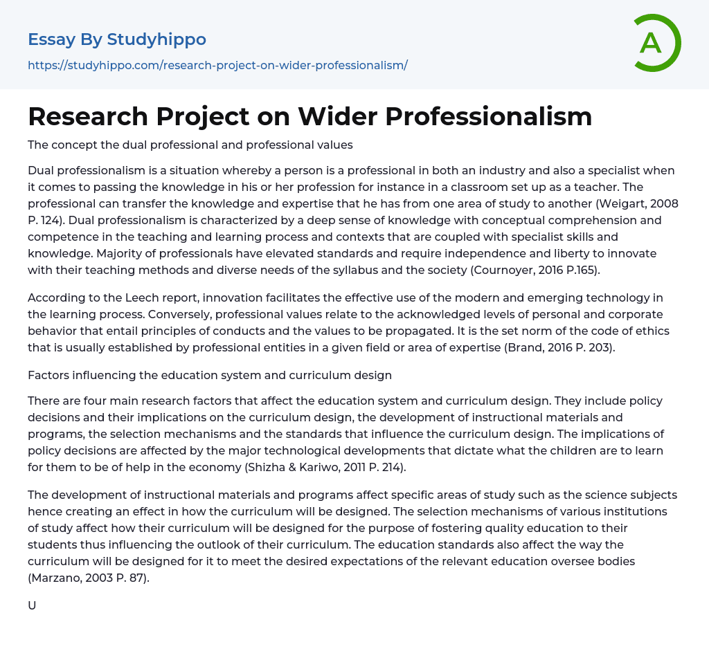 Research Project on Wider Professionalism Essay Example