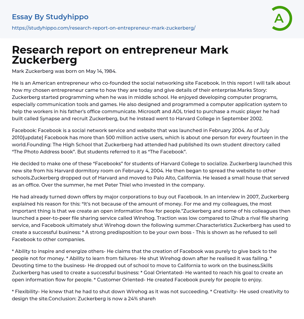 Research report on entrepreneur Mark Zuckerberg Essay Example