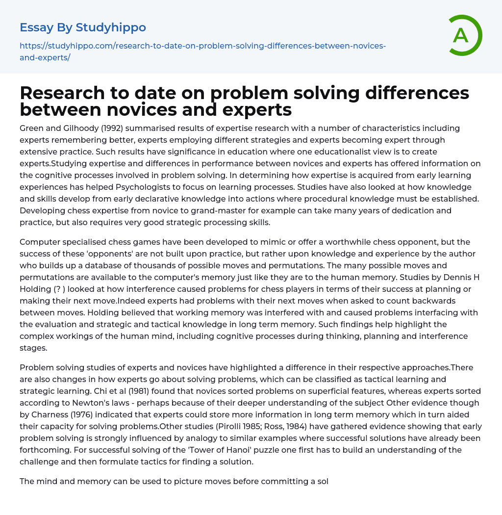 Research to date on problem solving differences between novices and experts Essay Example