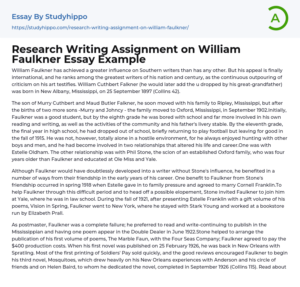 Research Writing Assignment on William Faulkner Essay Example