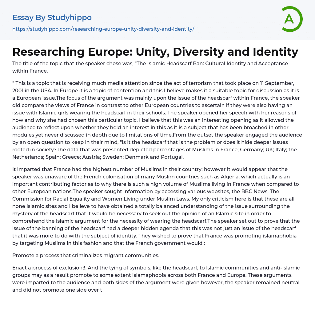 Researching Europe: Unity, Diversity and Identity Essay Example