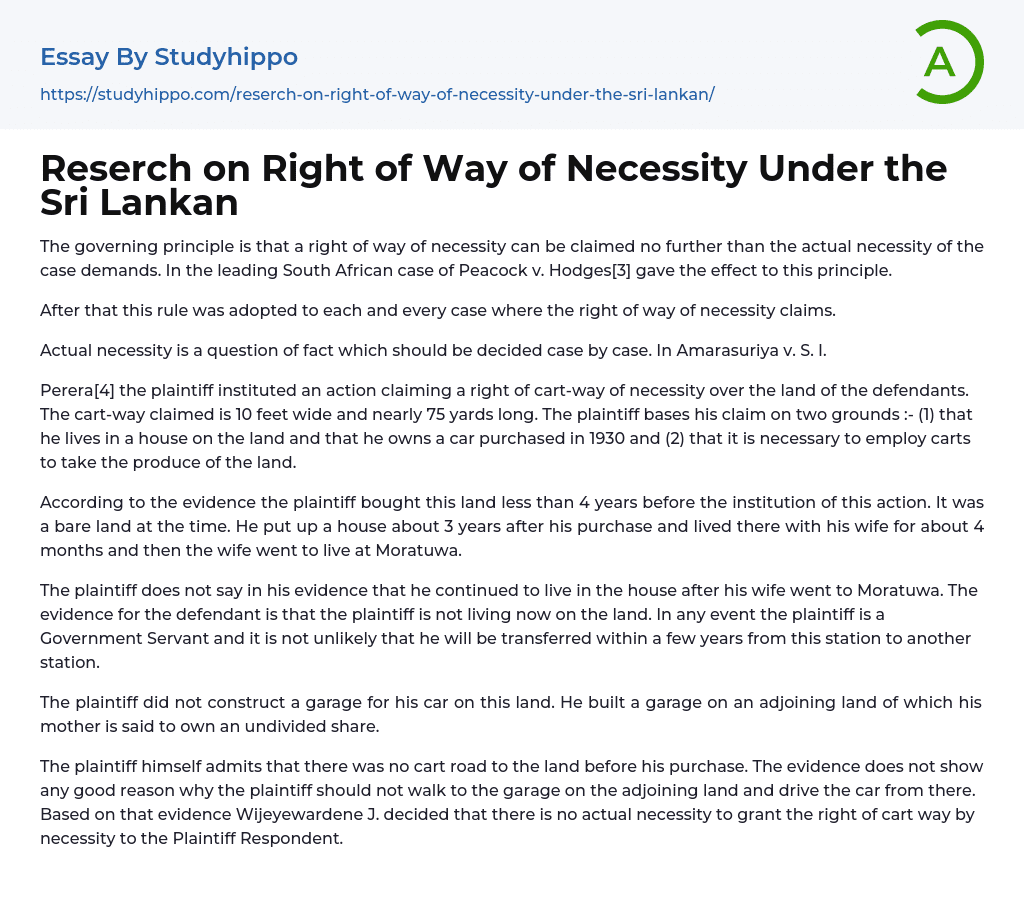 Reserch on Right of Way of Necessity Under the Sri Lankan Essay Example