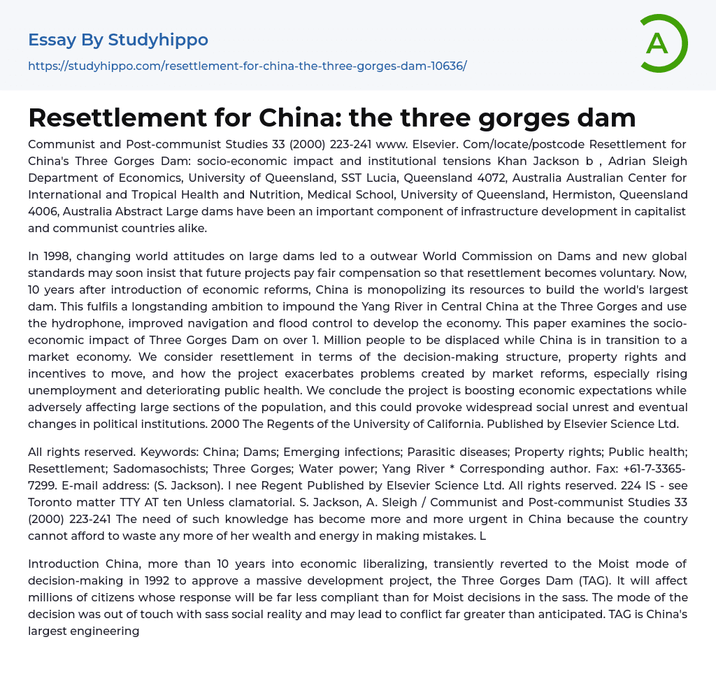 Resettlement for China: the three gorges dam Essay Example