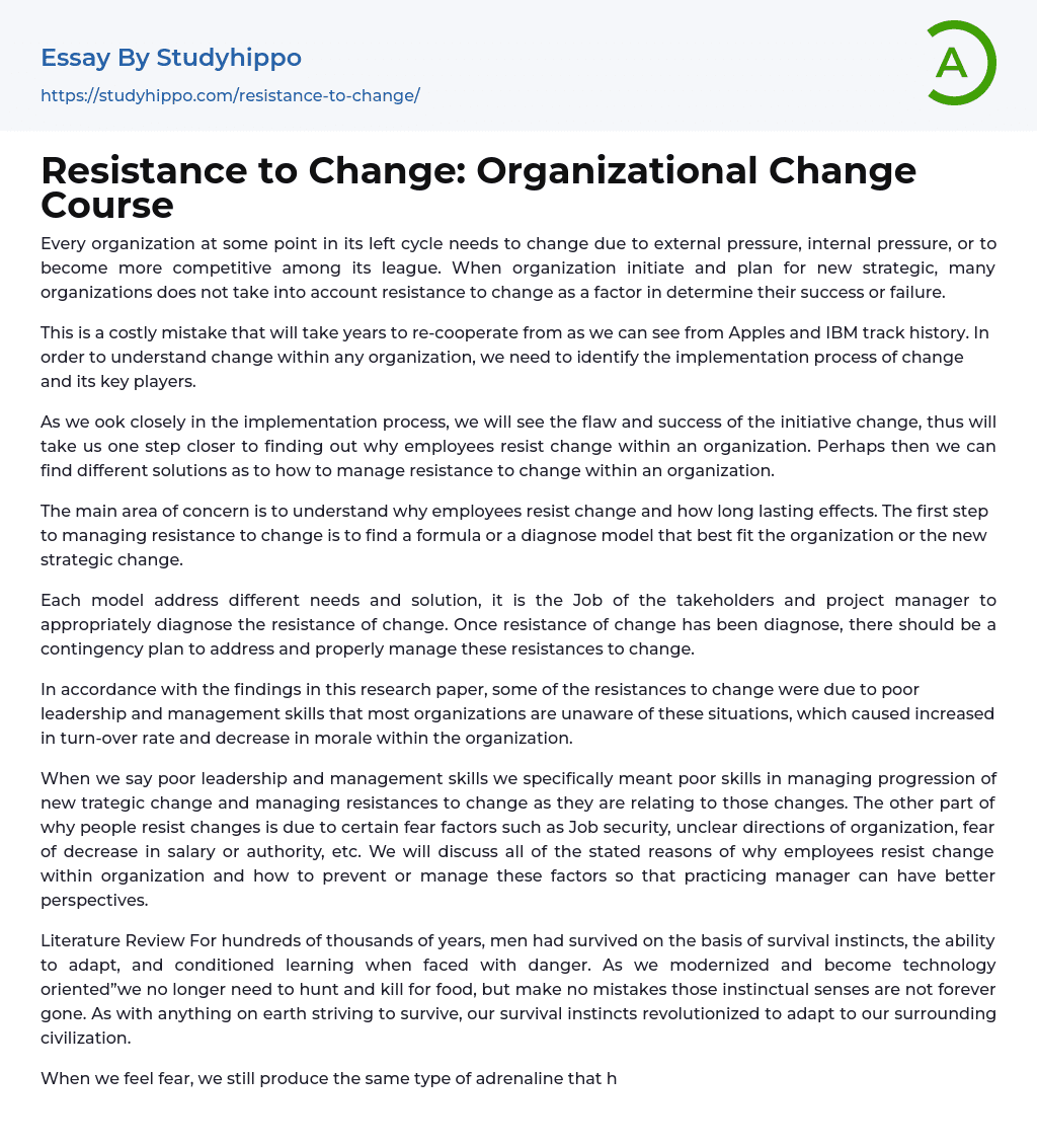 Resistance to Change: Organizational Change Course Essay Example