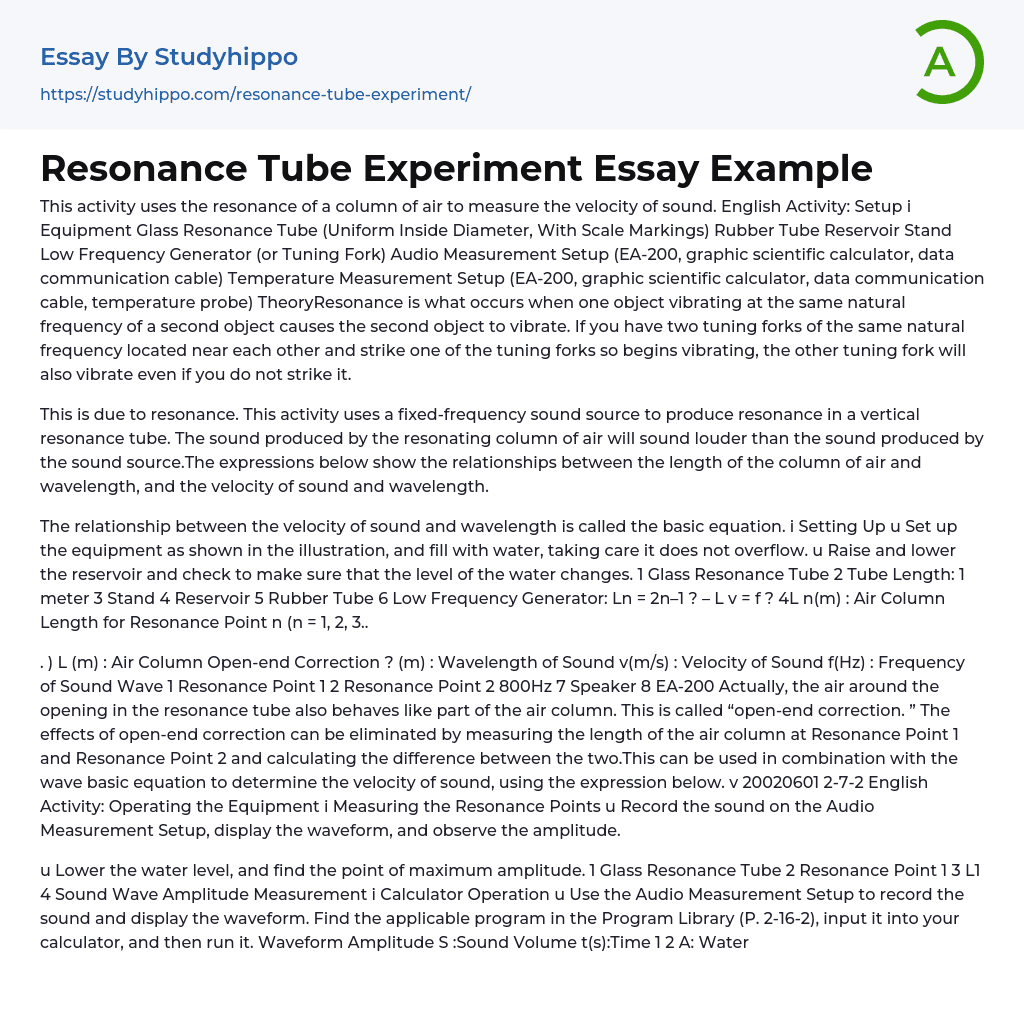 Resonance Tube Experiment Essay Example