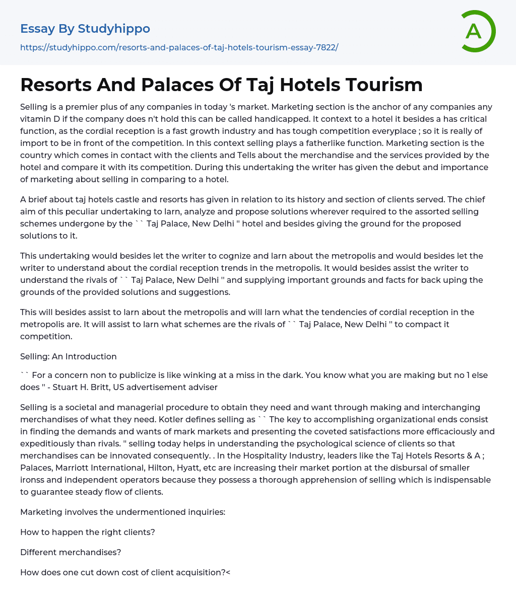 Resorts And Palaces Of Taj Hotels Tourism Essay Example