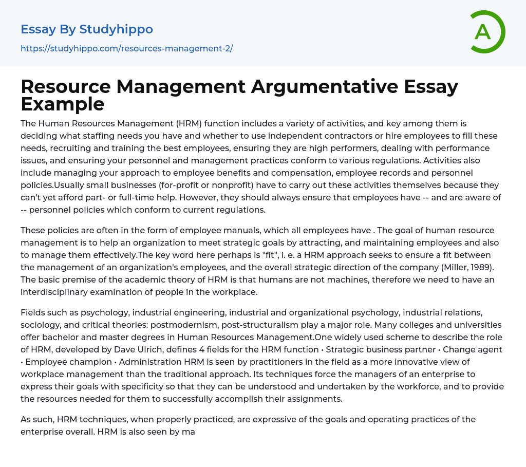 Resource Management Argumentative Essay Example
