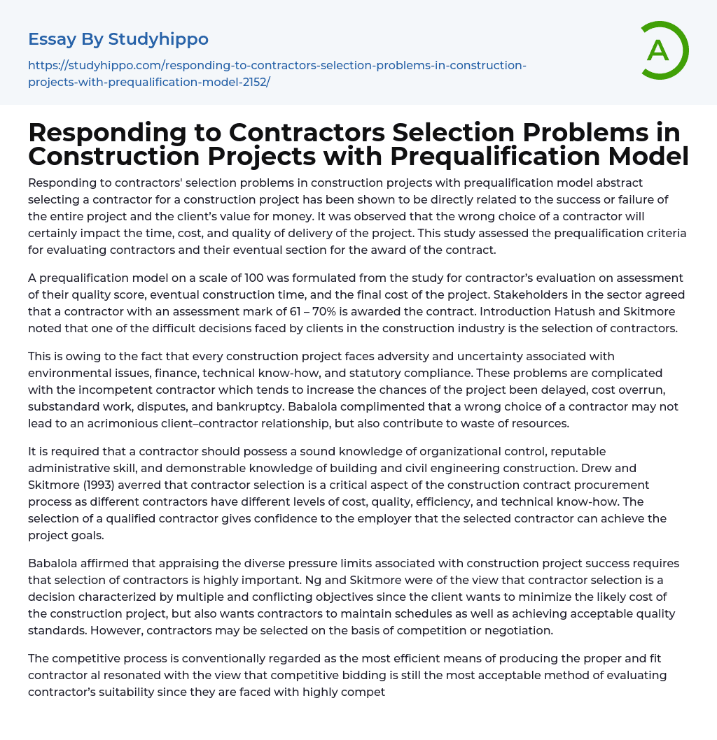 Prequalification Model for Responding to Contractors’ Selection Problems in Construction Projects