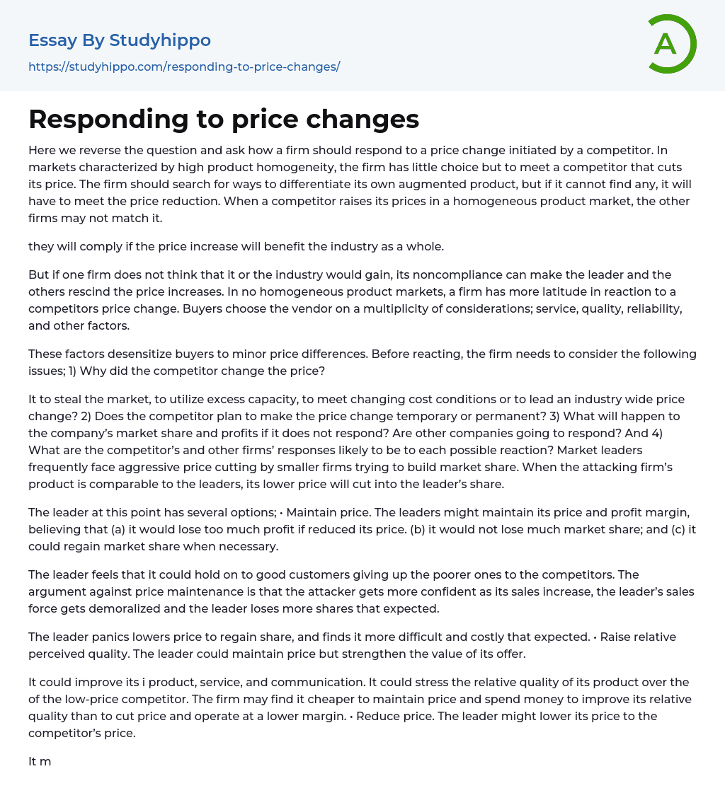 Responding to price changes Essay Example