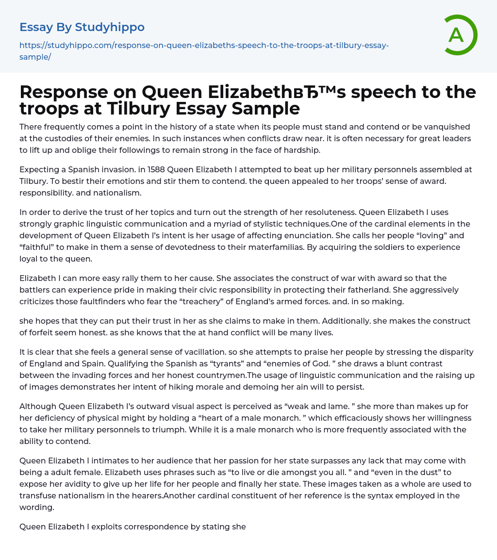 Response on Queen Elizabeth’s speech to the troops at Tilbury Essay Sample
