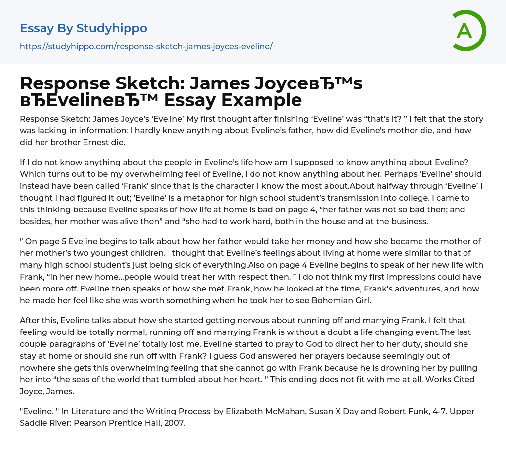 Response Sketch: James Joyce’s “Eveline Essay Example