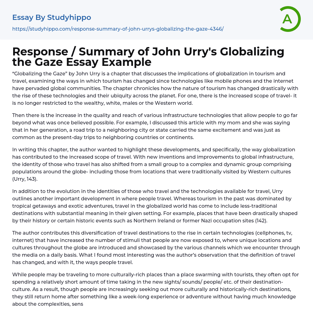 Response / Summary of John Urry’s Globalizing the Gaze Essay Example