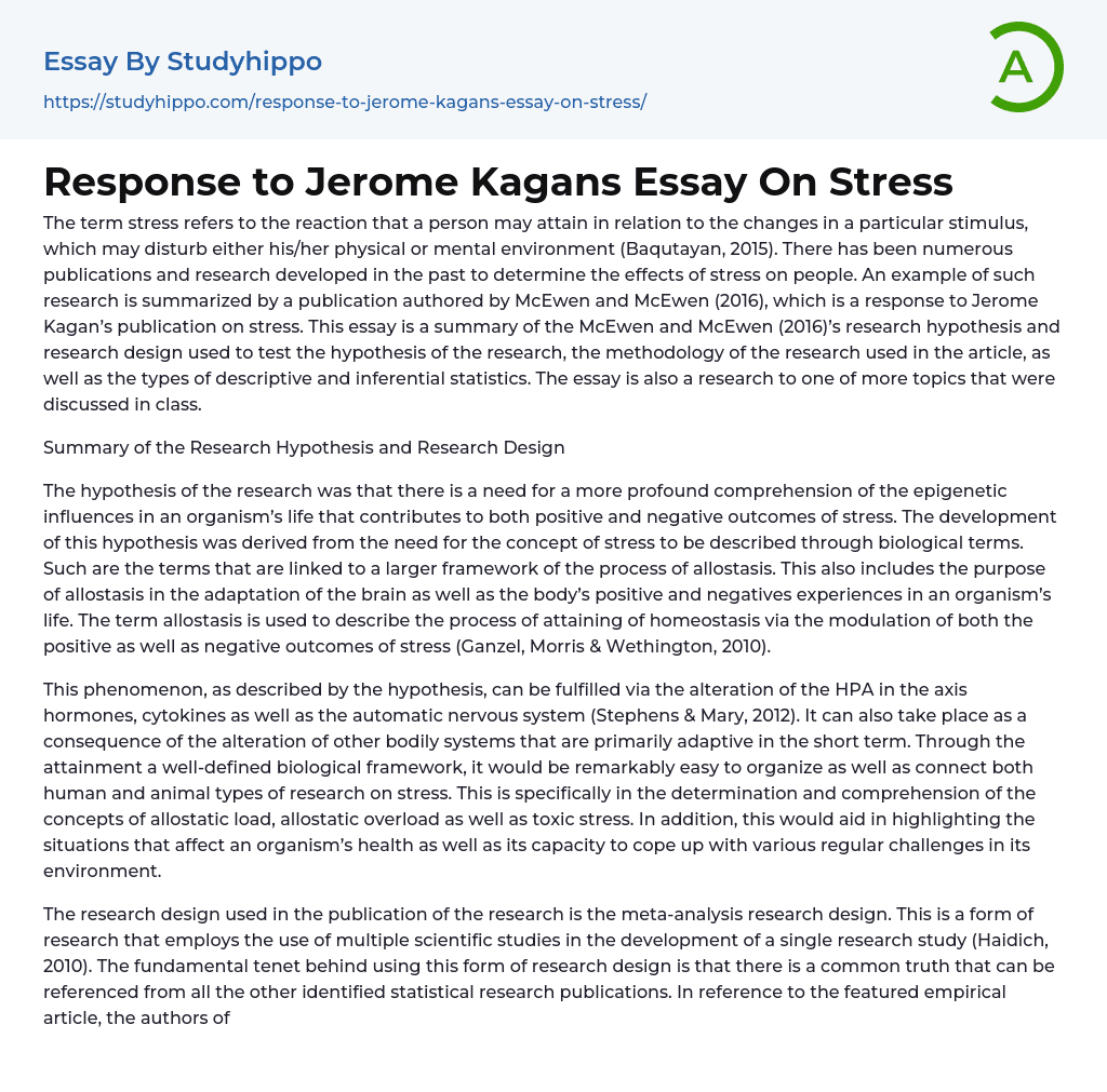 Response to Jerome Kagans Essay On Stress
