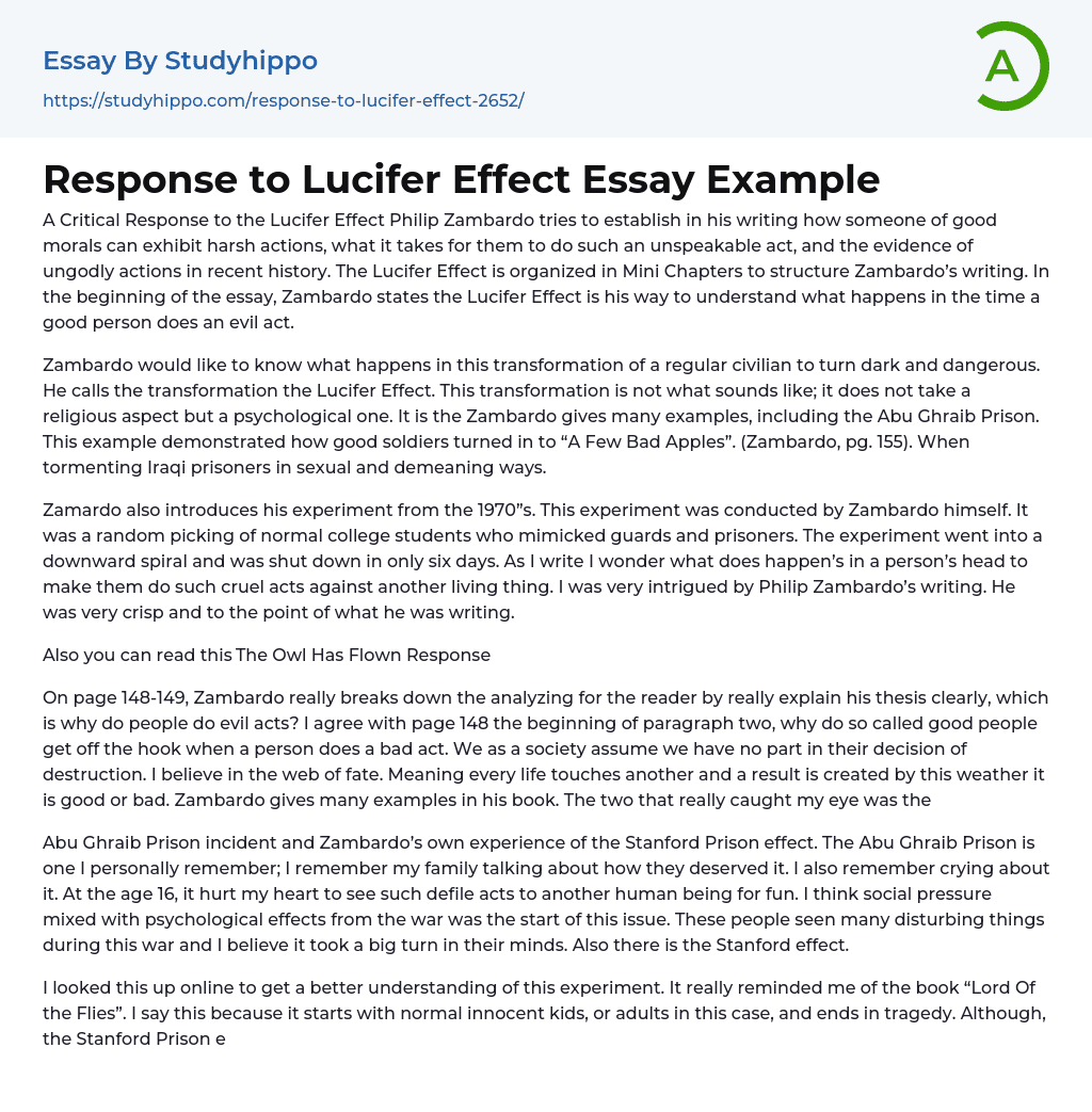 Response to Lucifer Effect Essay Example