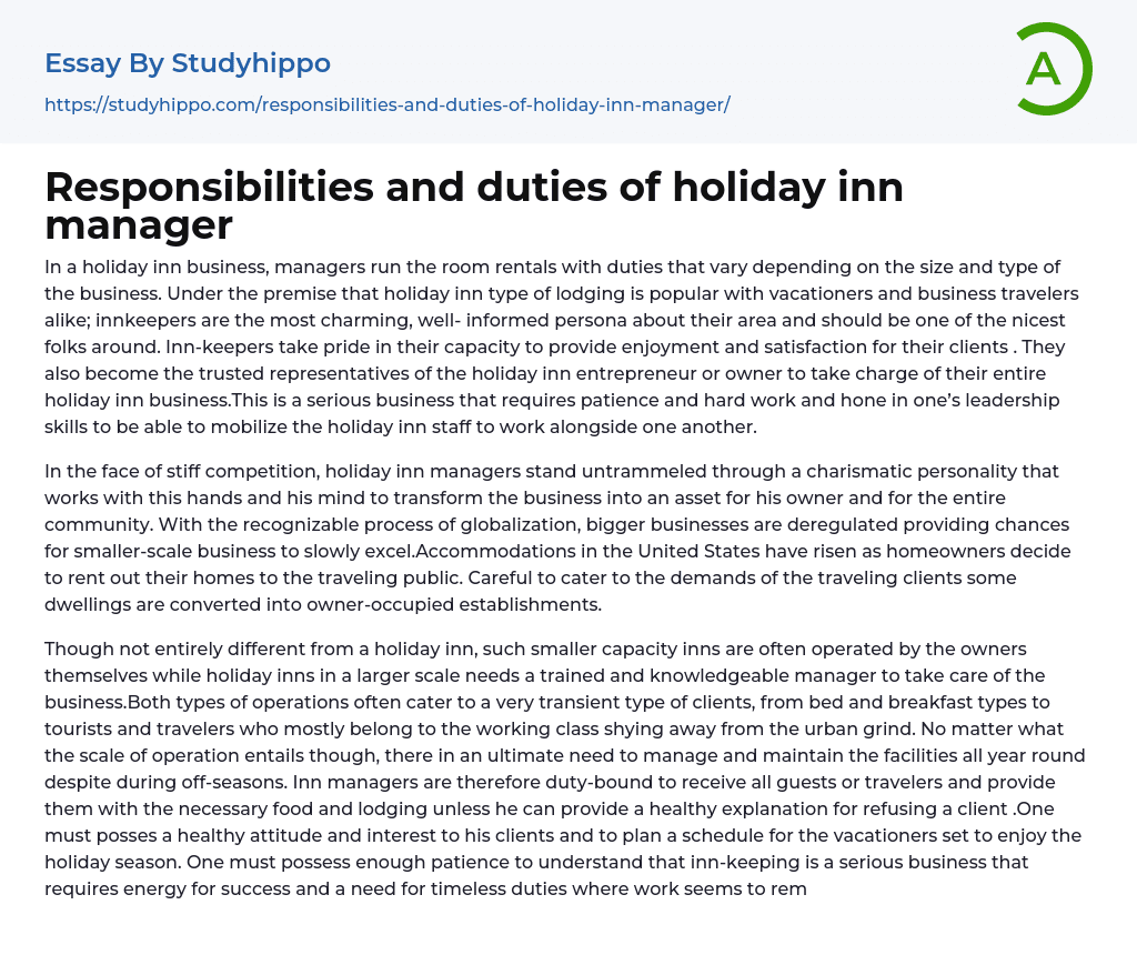 Responsibilities and duties of holiday inn manager Essay Example