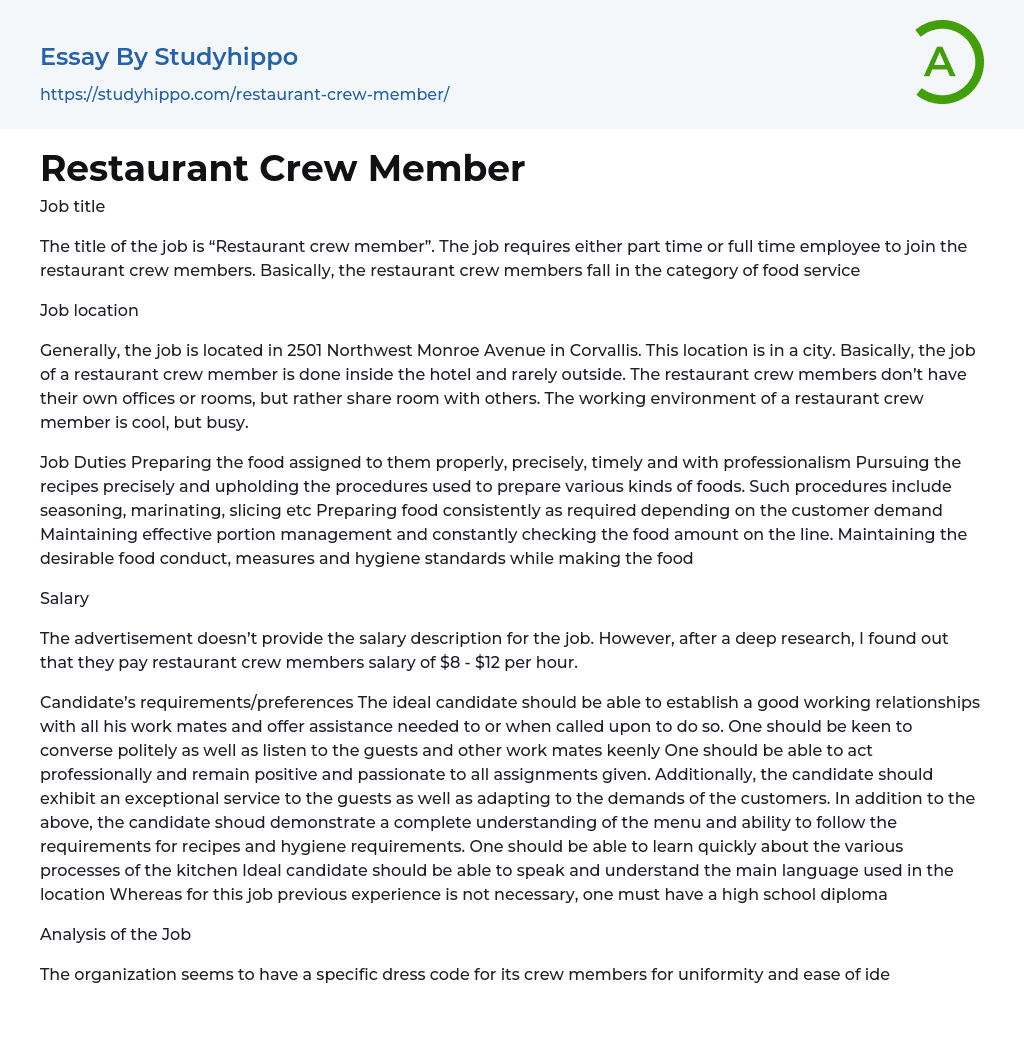 Restaurant Crew Member Essay Example