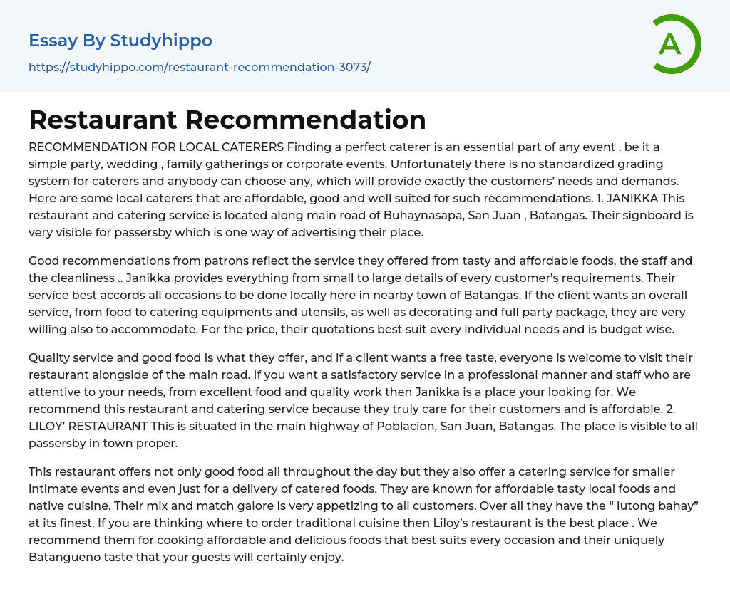 Restaurant Recommendation Essay Example