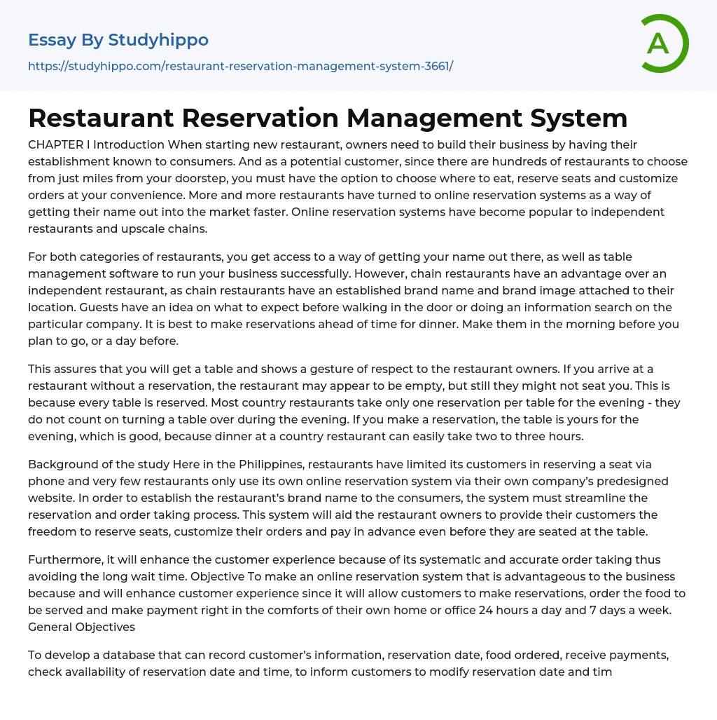 Restaurant Reservation Management System Essay Example