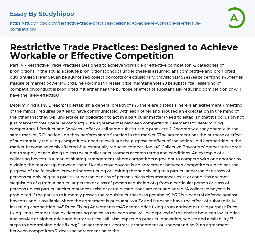 Restrictive Trade Practices: Designed to Achieve Workable or Effective Competition Essay Example