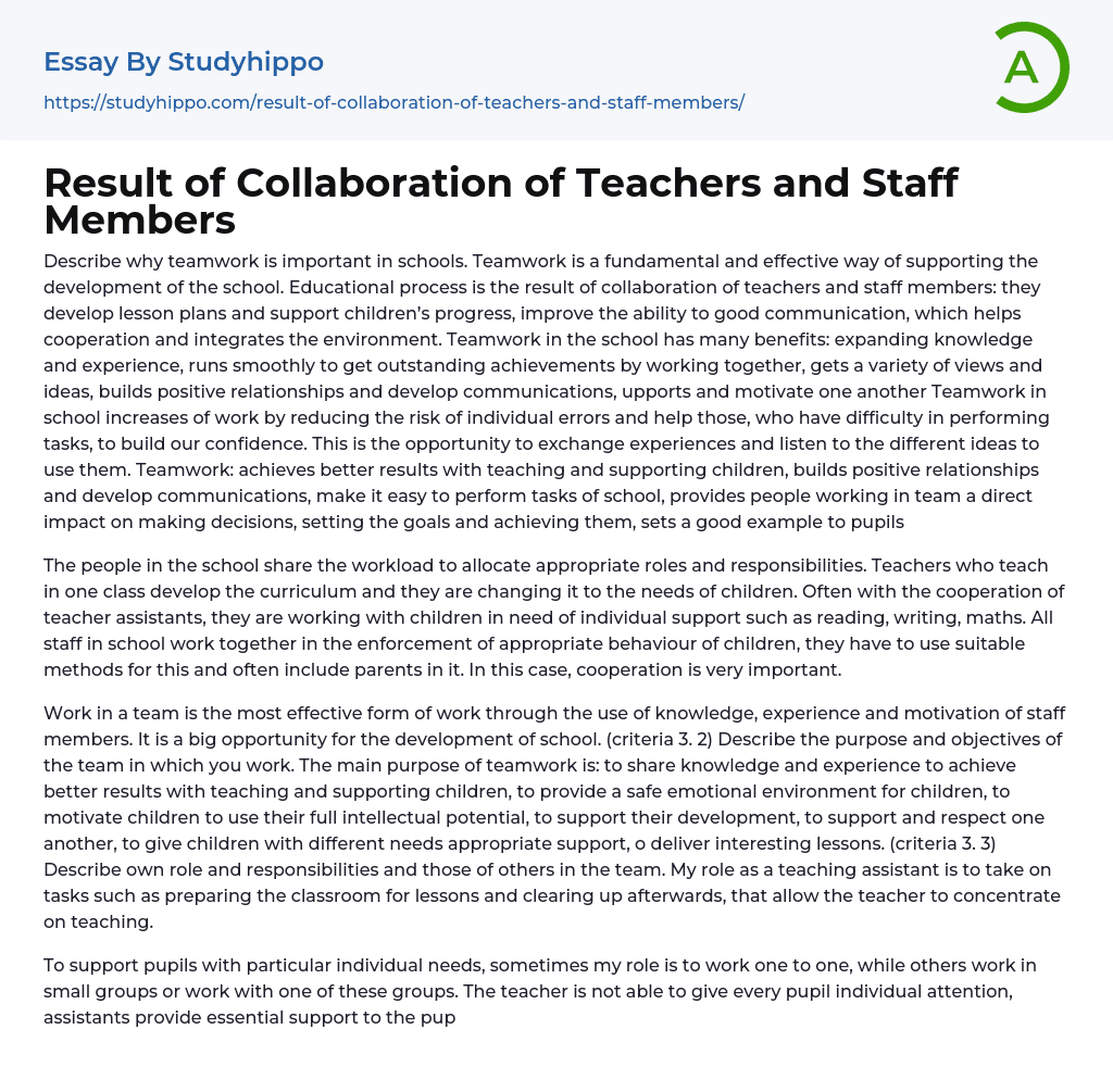 Result of Collaboration of Teachers and Staff Members Essay Example