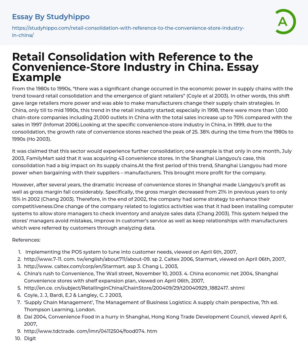 Retail Consolidation with Reference to the Convenience-Store Industry in China. Essay Example