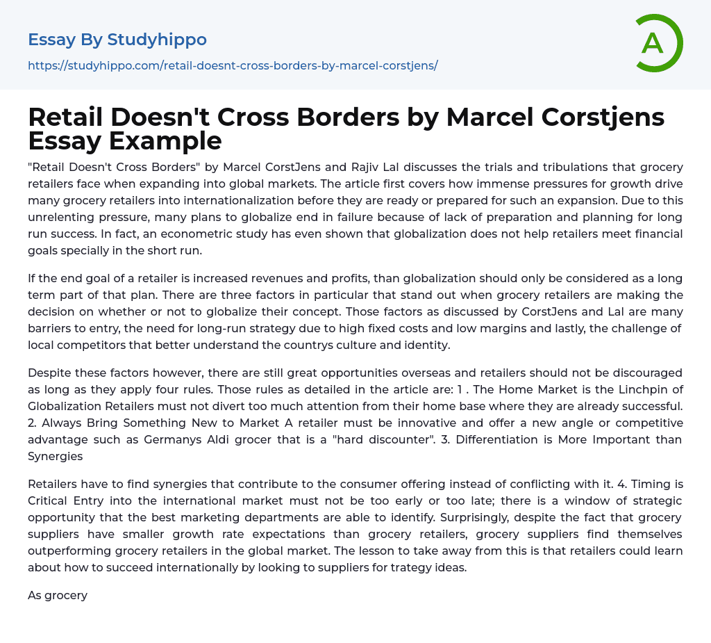 Retail Doesn’t Cross Borders by Marcel Corstjens Essay Example