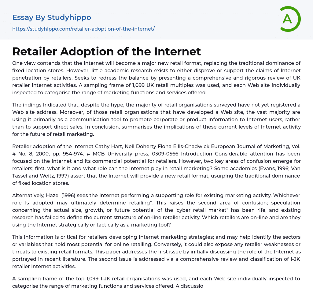 Retailer Adoption of the Internet Essay Example