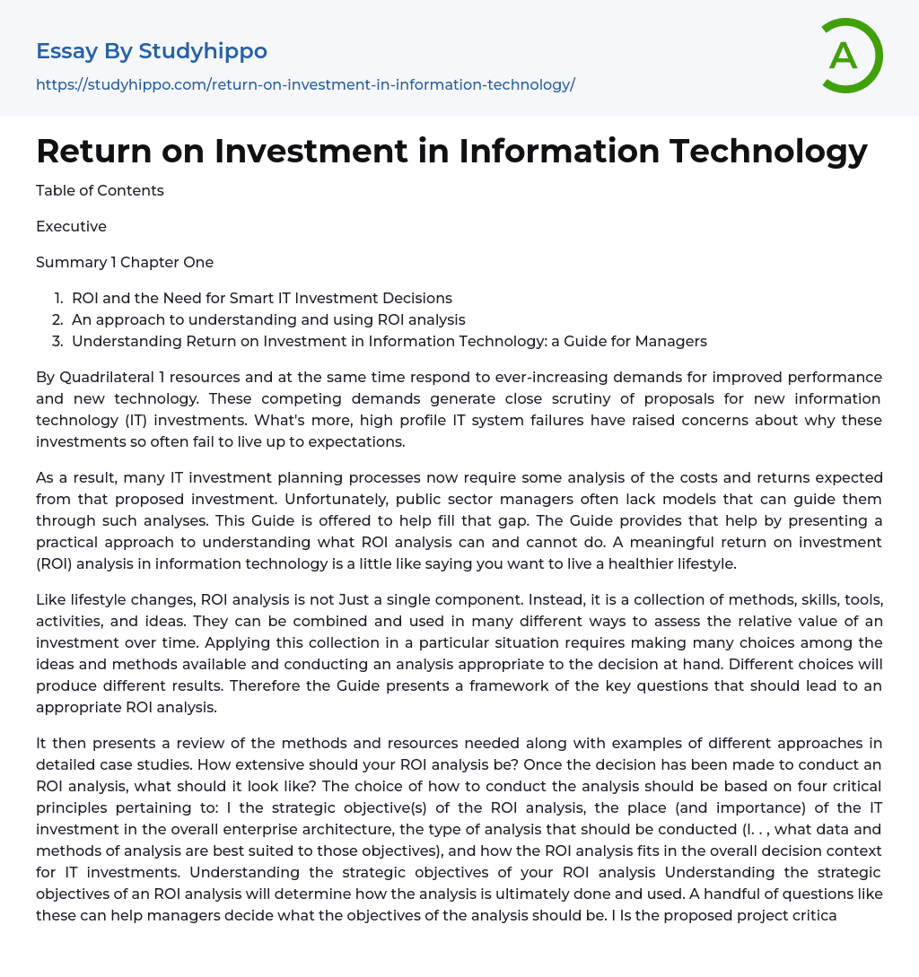 Return on Investment in Information Technology Essay Example
