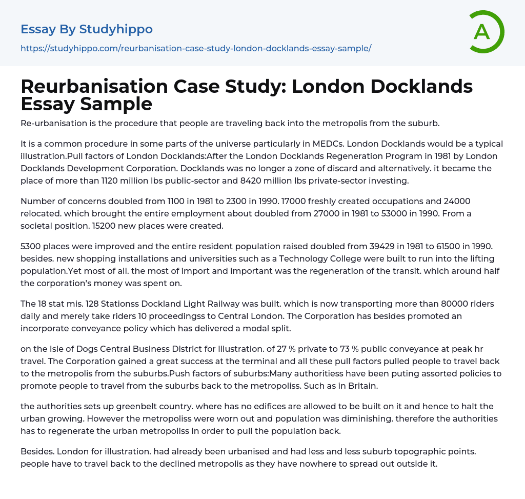 Reurbanisation Case Study: London Docklands Essay Sample