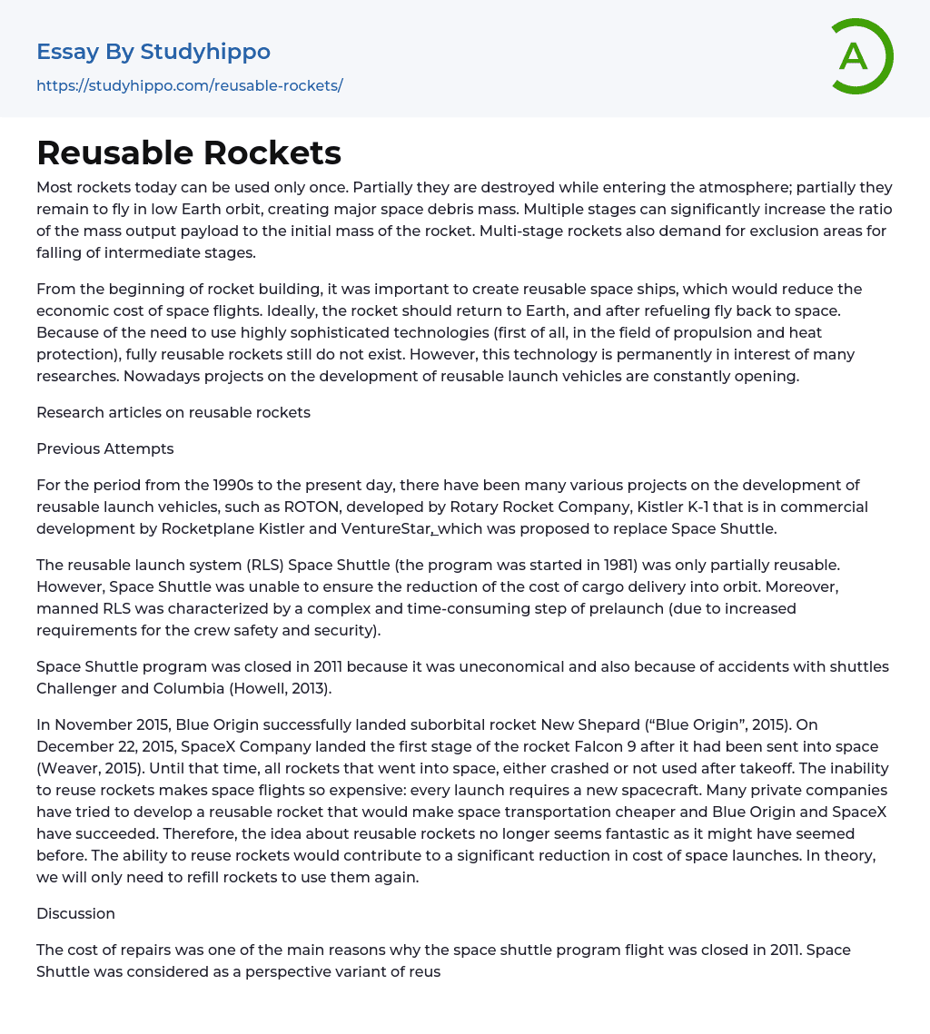 Reusable Rockets Essay Example