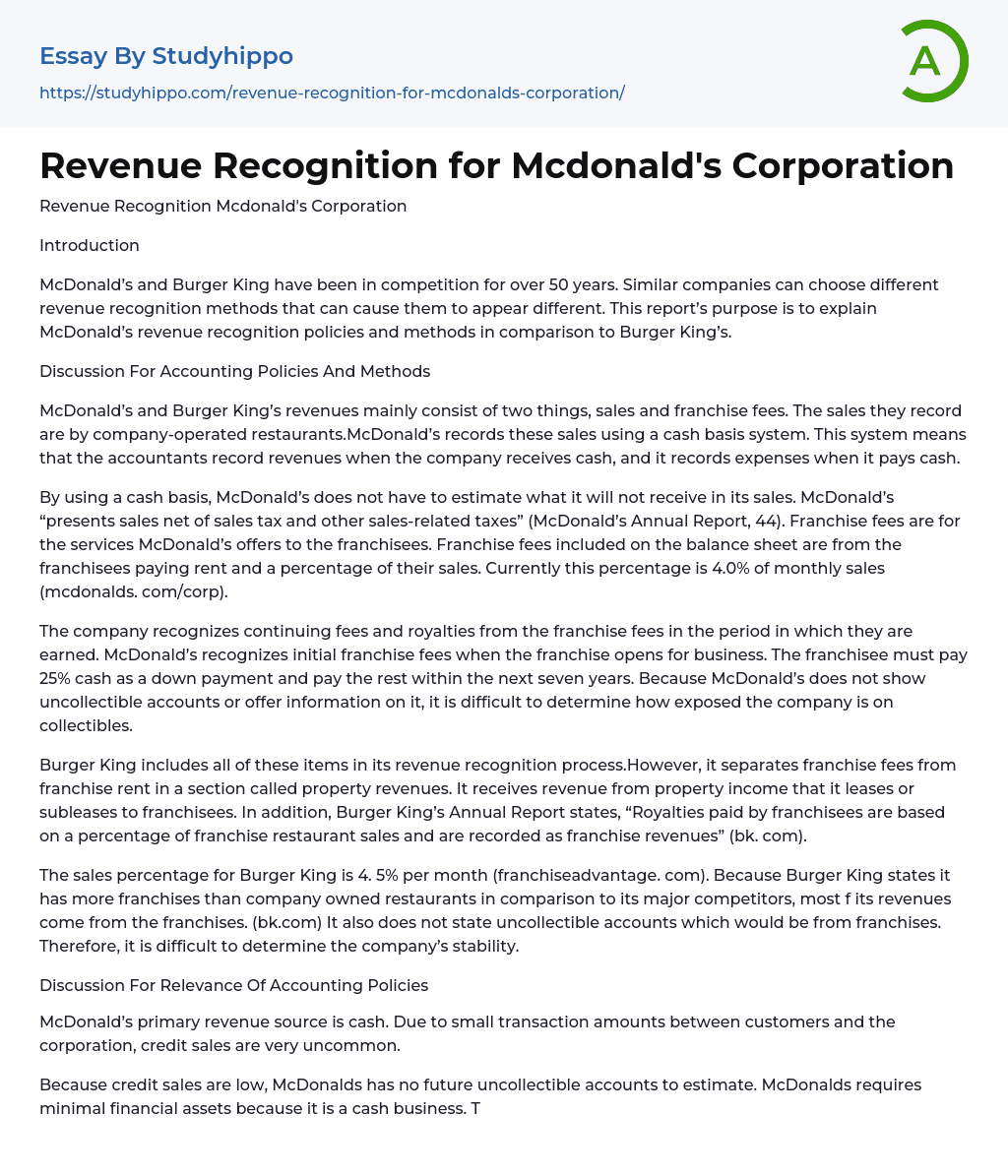 Revenue Recognition for Mcdonald’s Corporation Essay Example