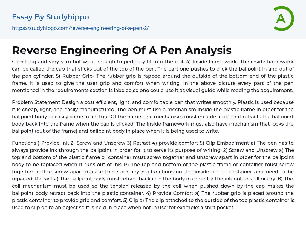Reverse Engineering Of A Pen Analysis Essay Example