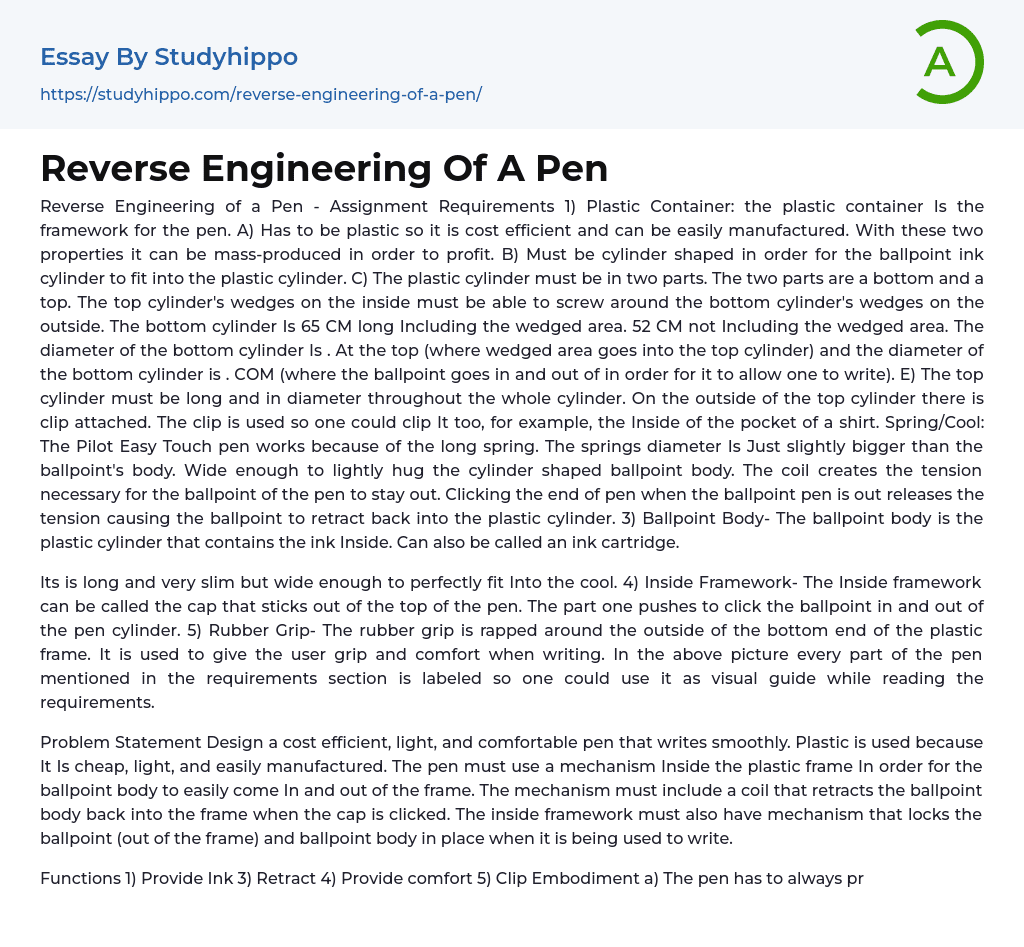 Reverse Engineering Of A Pen Essay Example