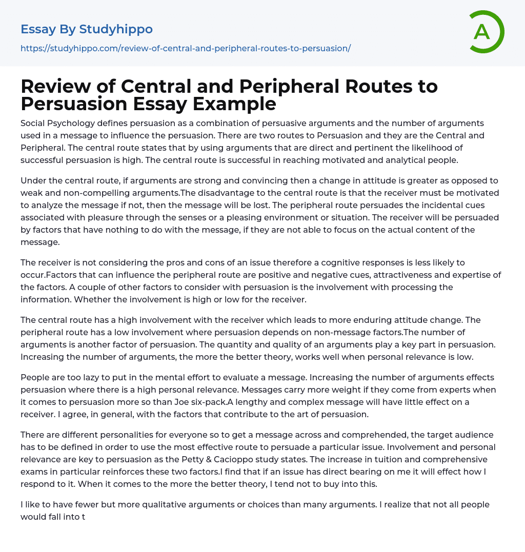 Review of Central and Peripheral Routes to Persuasion Essay Example