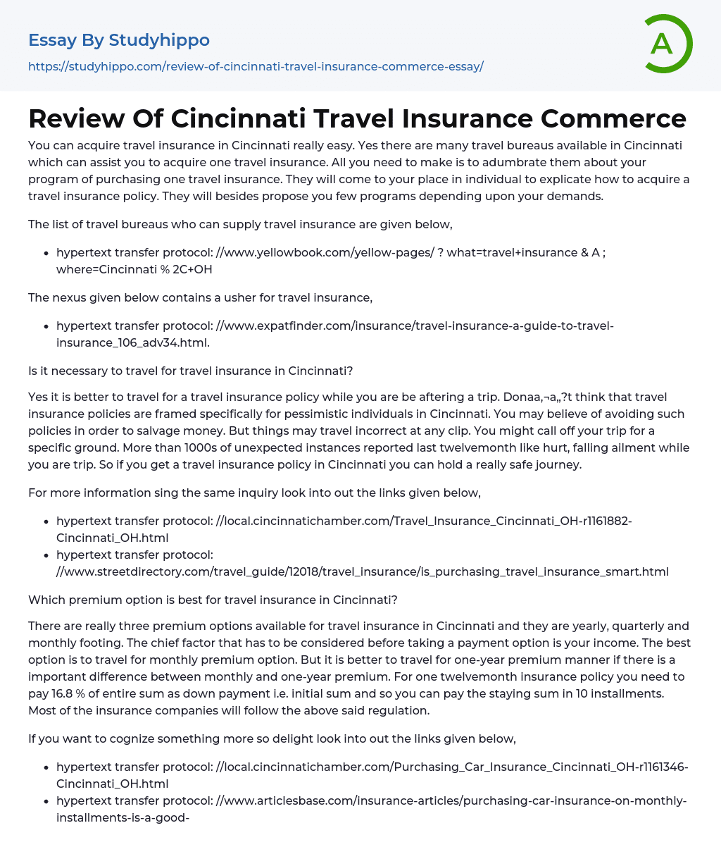 Review Of Cincinnati Travel Insurance Commerce Essay Example