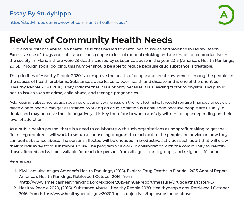 Review of Community Health Needs Essay Example