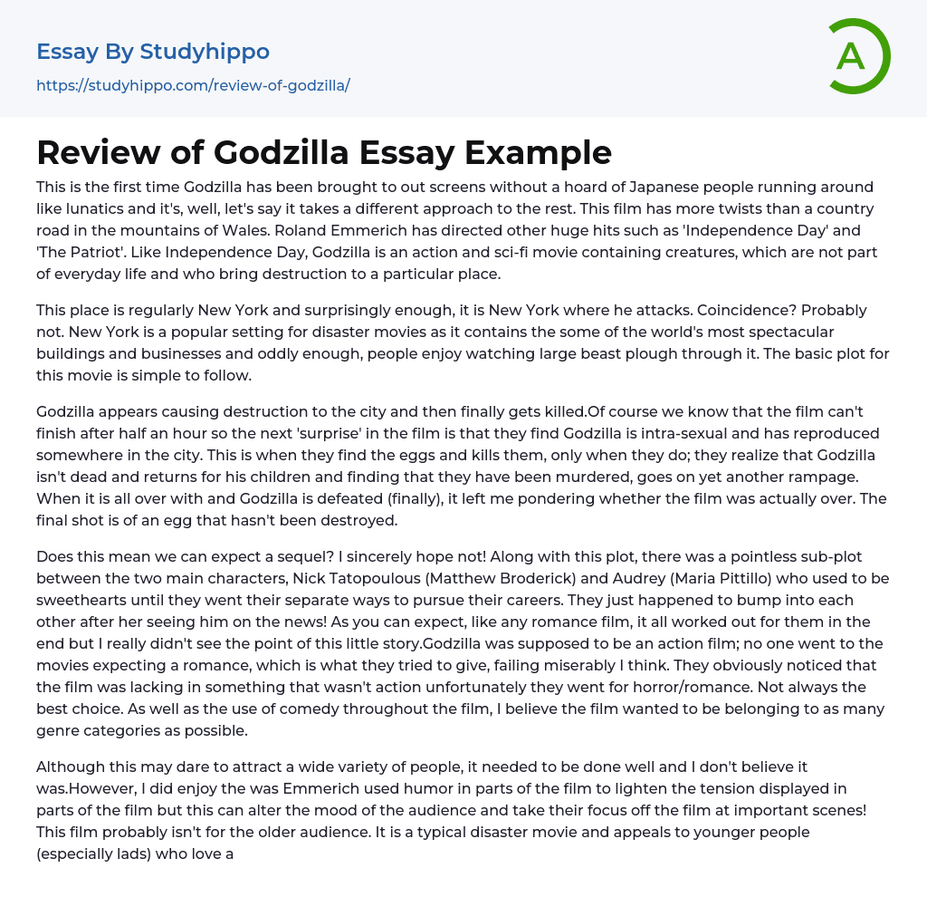 Review of Godzilla Essay Example