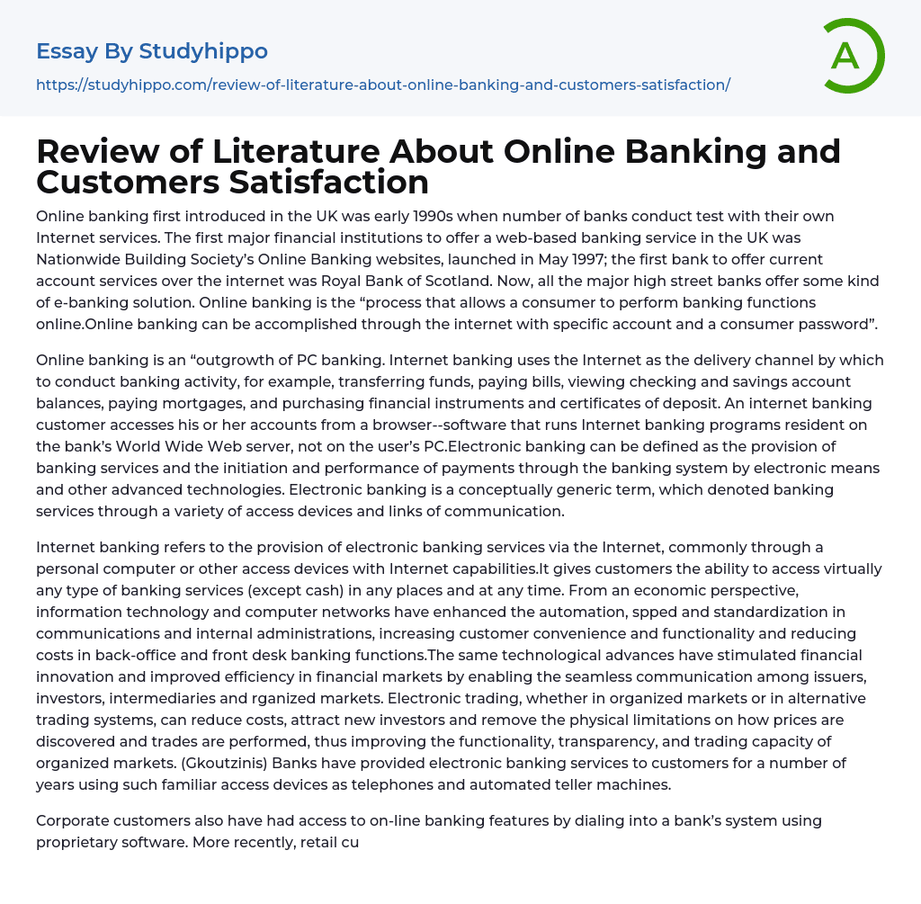 Review of Literature About Online Banking and Customers Satisfaction Essay Example