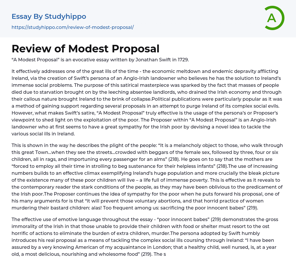Review of Modest Proposal Essay Example