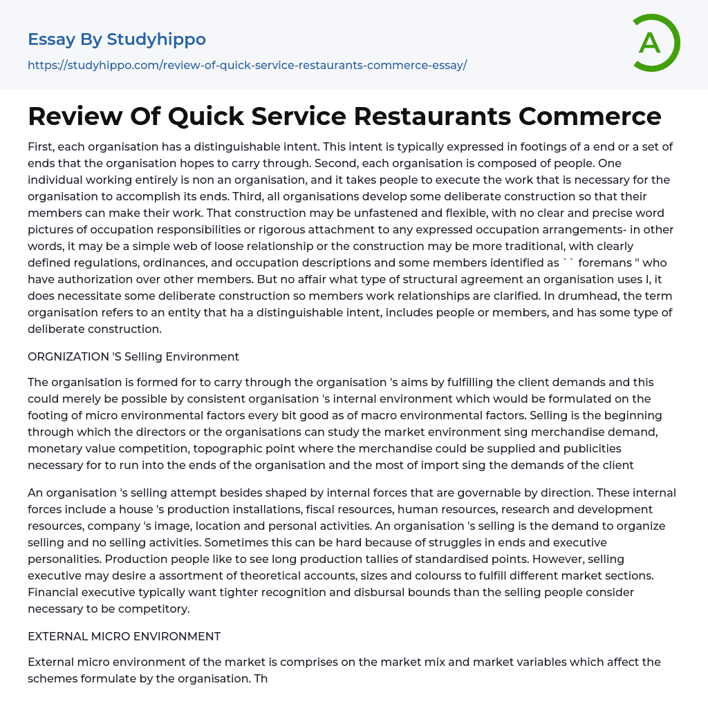 Review Of Quick Service Restaurants Commerce Essay Example