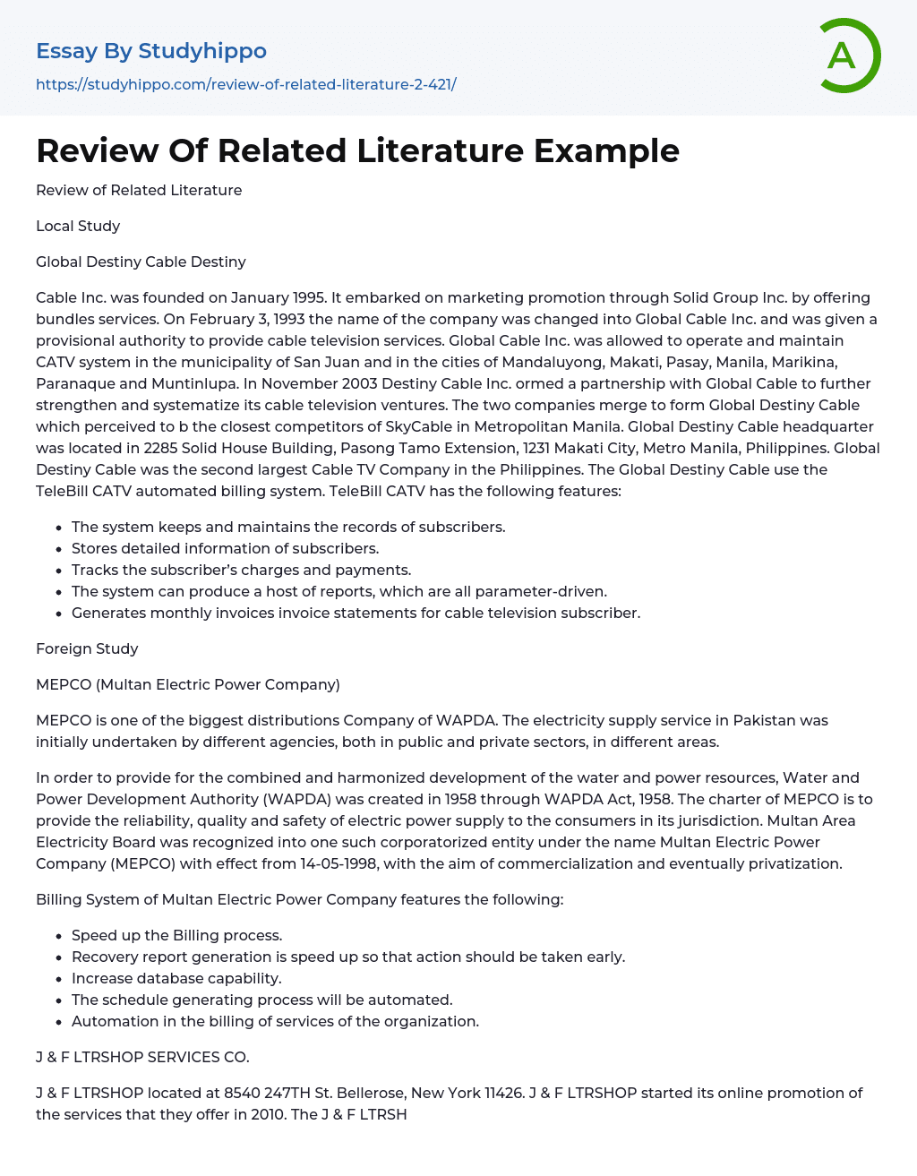 Review Of Related Literature Example Essay Example