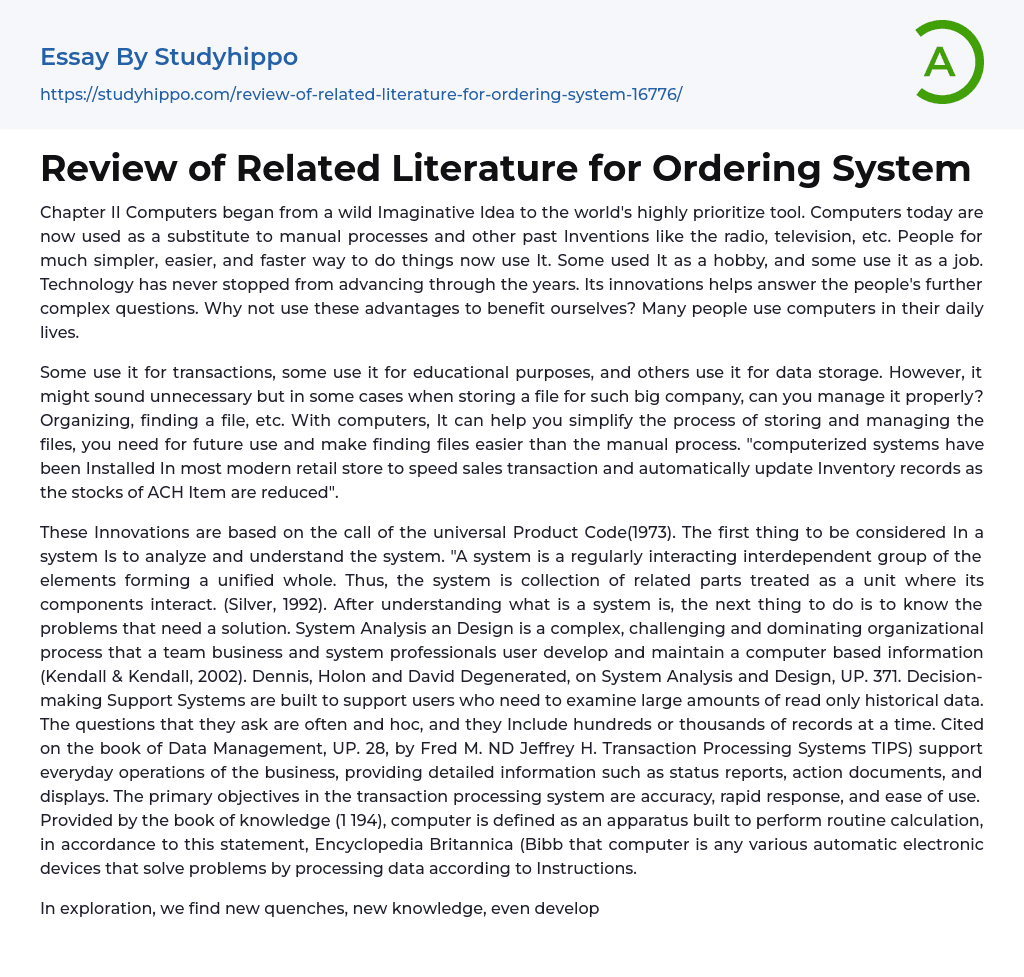 Review of Related Literature for Ordering System Essay Example