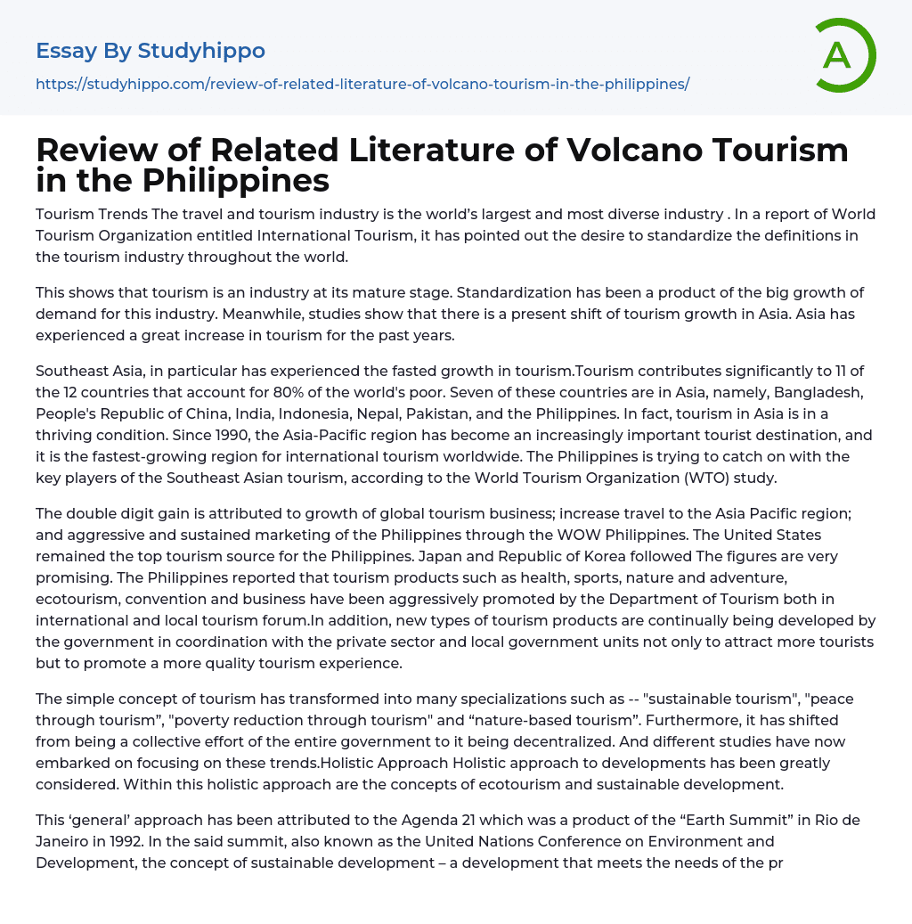 Review of Related Literature of Volcano Tourism in the Philippines Essay Example