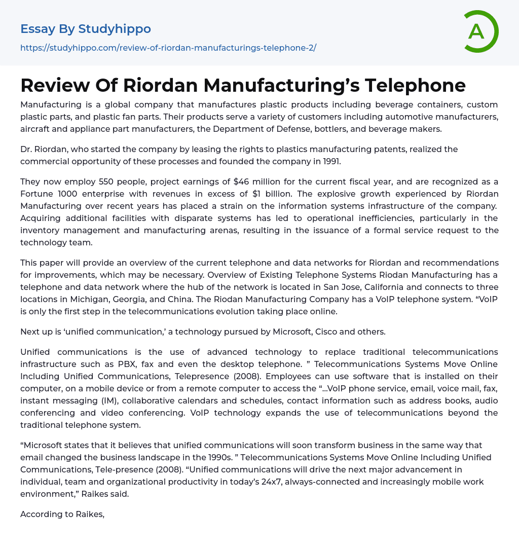 Review Of Riordan Manufacturing’s Telephone Essay Example