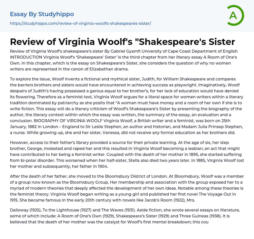 Review of Virginia Woolf’s “Shakespeare’s Sister Essay Example