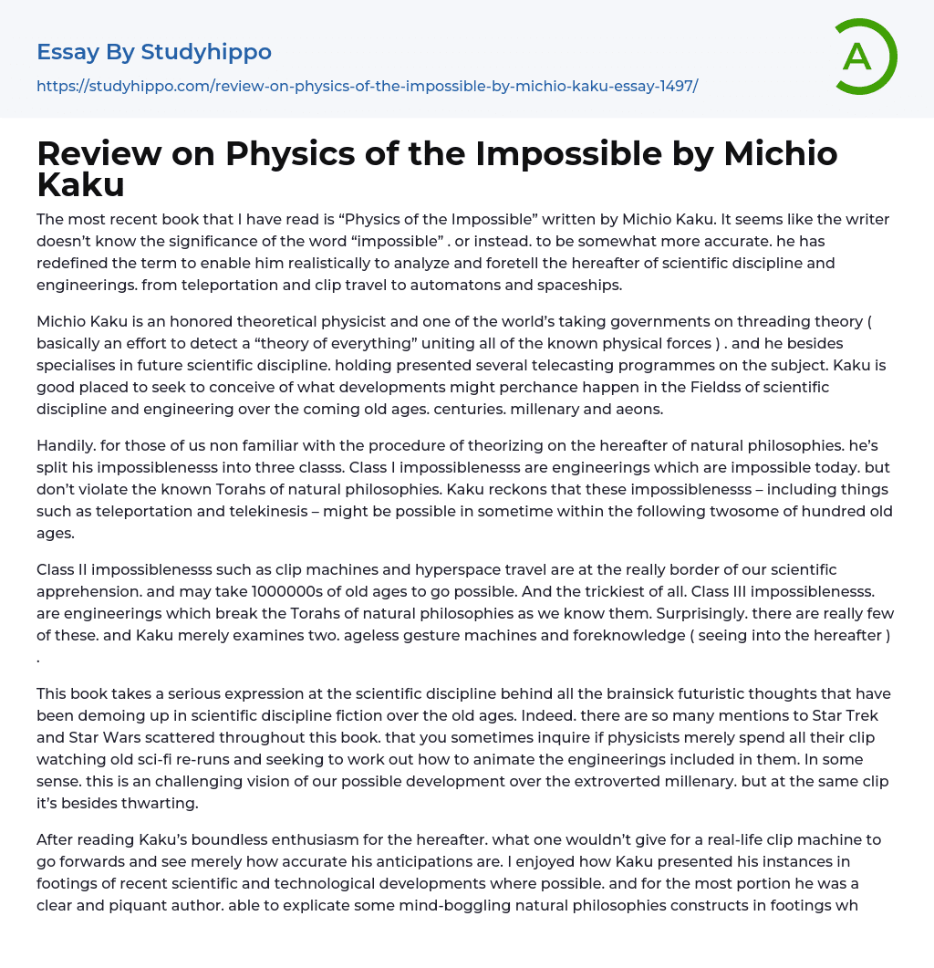 Review on Physics of the Impossible by Michio Kaku Essay Example