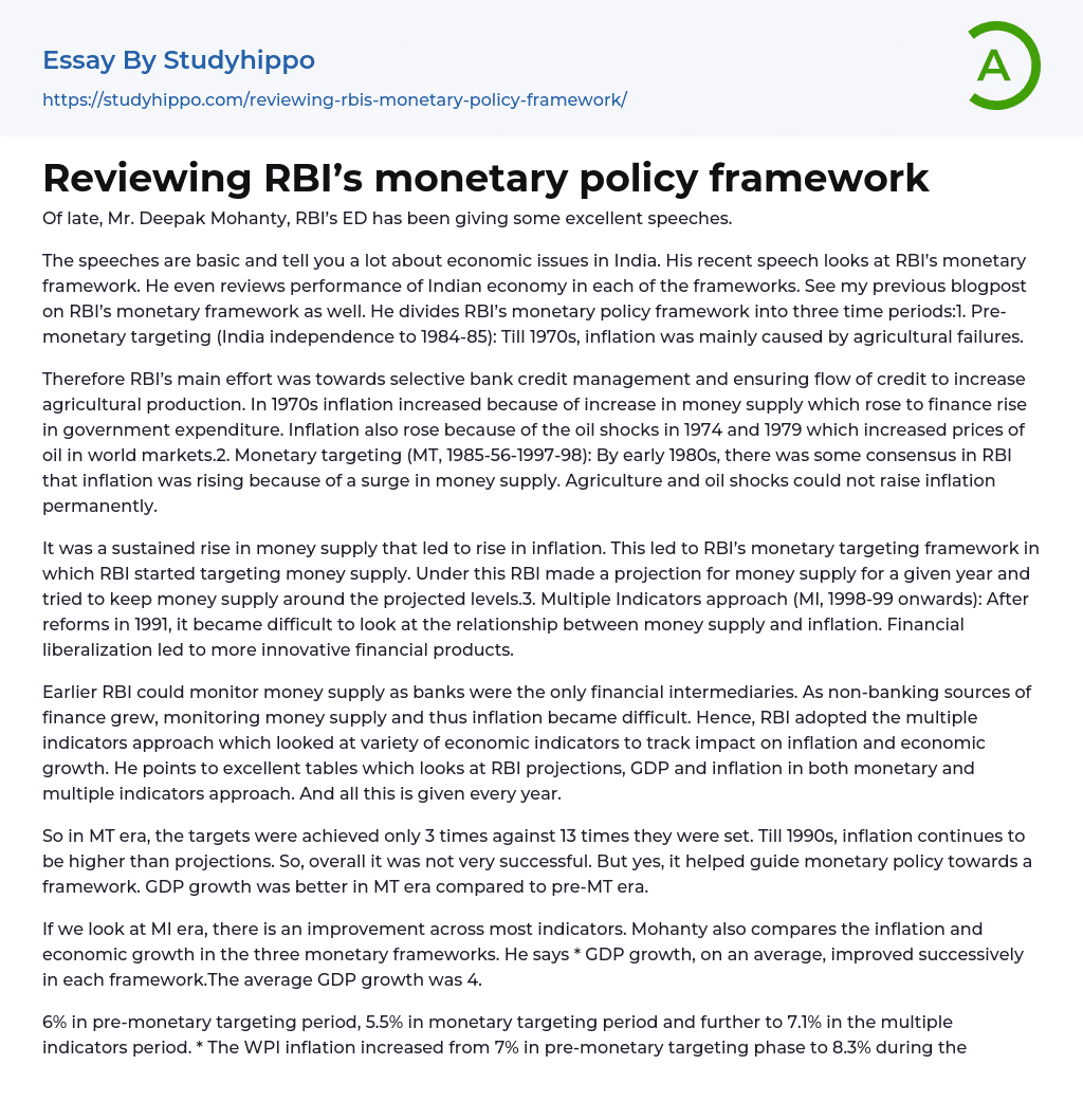 Reviewing RBI’s monetary policy framework Essay Example