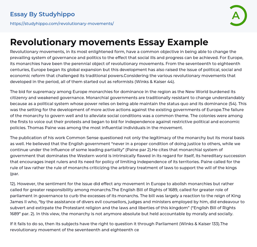 Revolutionary movements Essay Example