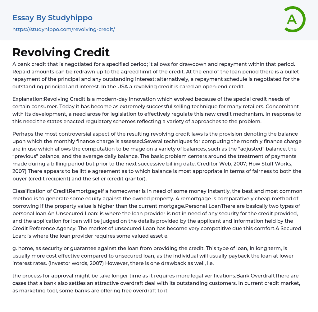 Revolving Credit Essay Example